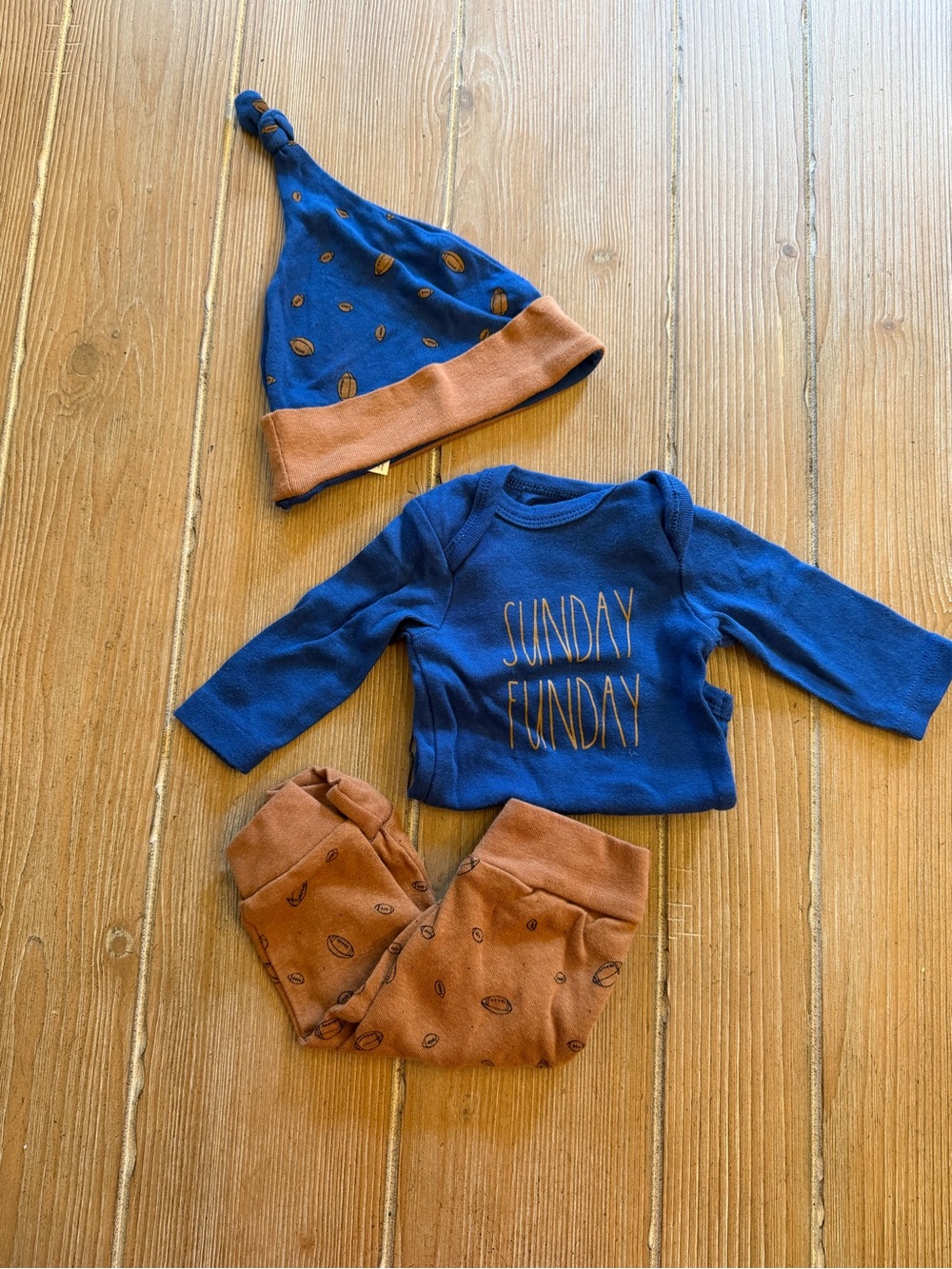 Rae Dunn Blue & Brown "Sunday Funday" Baby Set